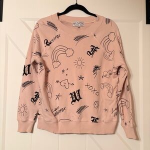 Wildfox Pink Doodle Print Sweatshirt XS Made in USA Graphic Crewneck